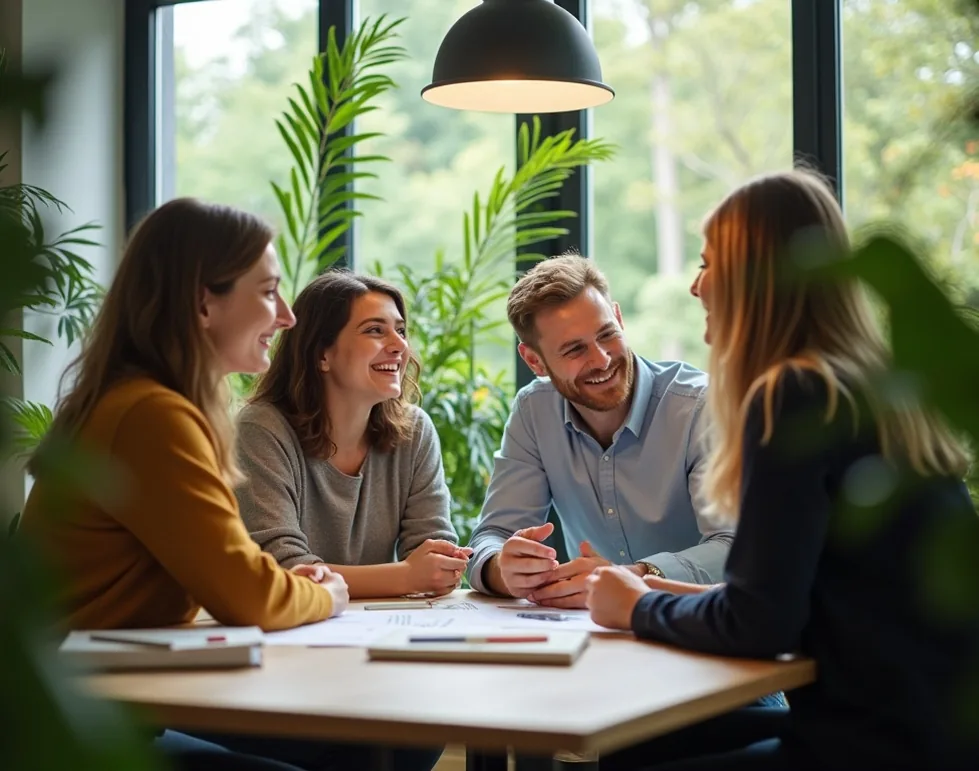 Eco startup team brainstorming green office