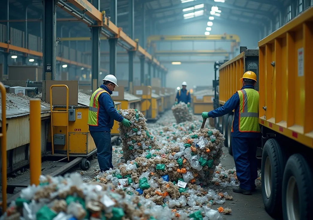 Recycling sorting facility workers process
